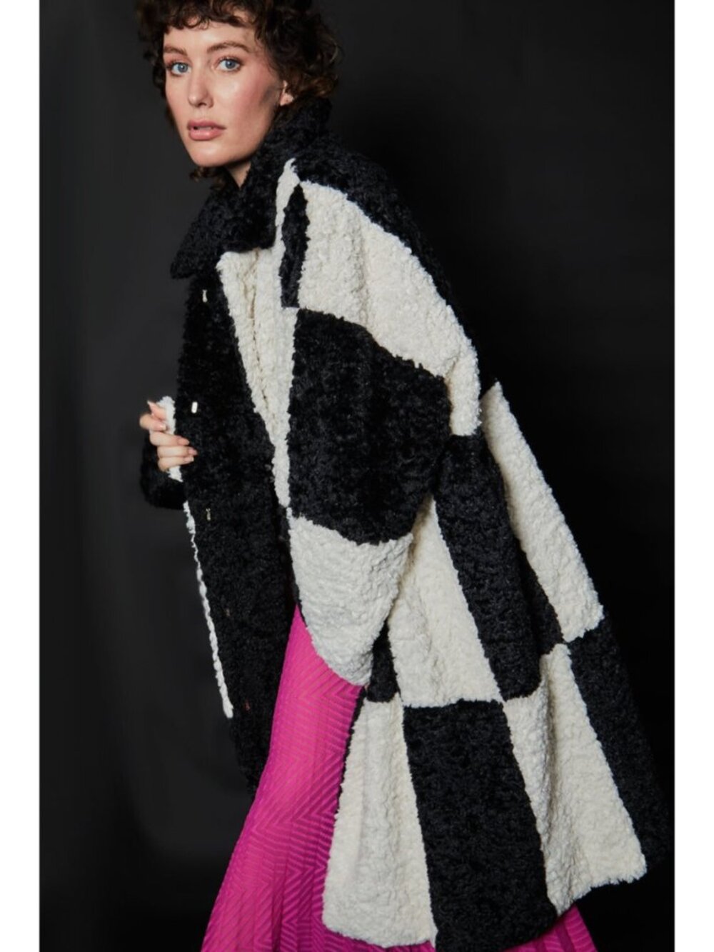 Jayley Checkered Black and White Faux Shearling Oversized Coat